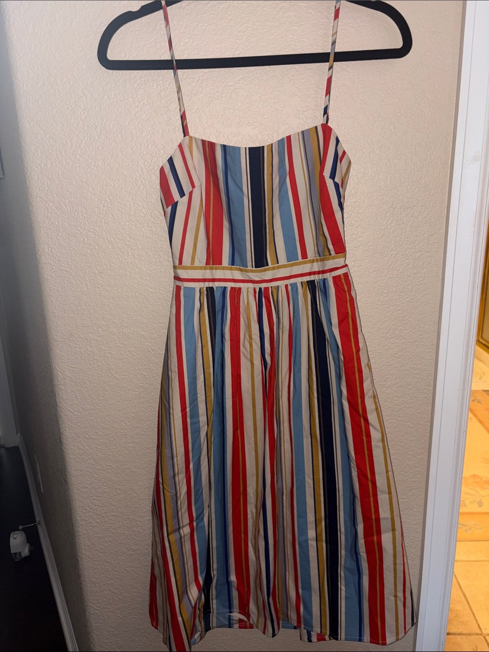 ASTR Multi-Stripe Spaghetti Strap Dress in Red, Blue & Mustard